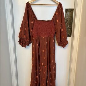 Free People Brown Sundress with 3/4 Bishop Sleeves and Square Neck